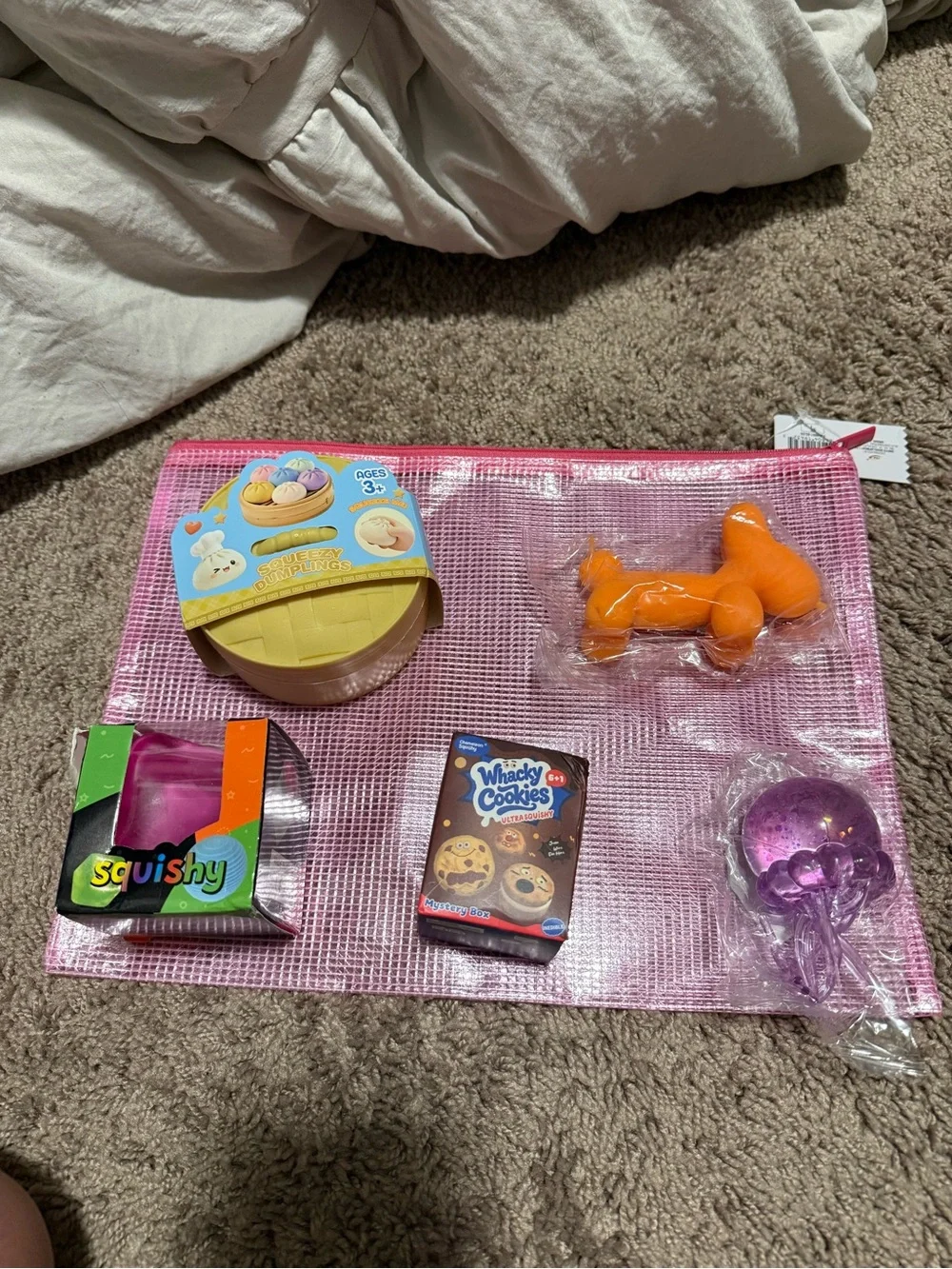 Kids Toy Sensory Fidget Pack - Pink pouch with Assorted Orange & Purple Toys